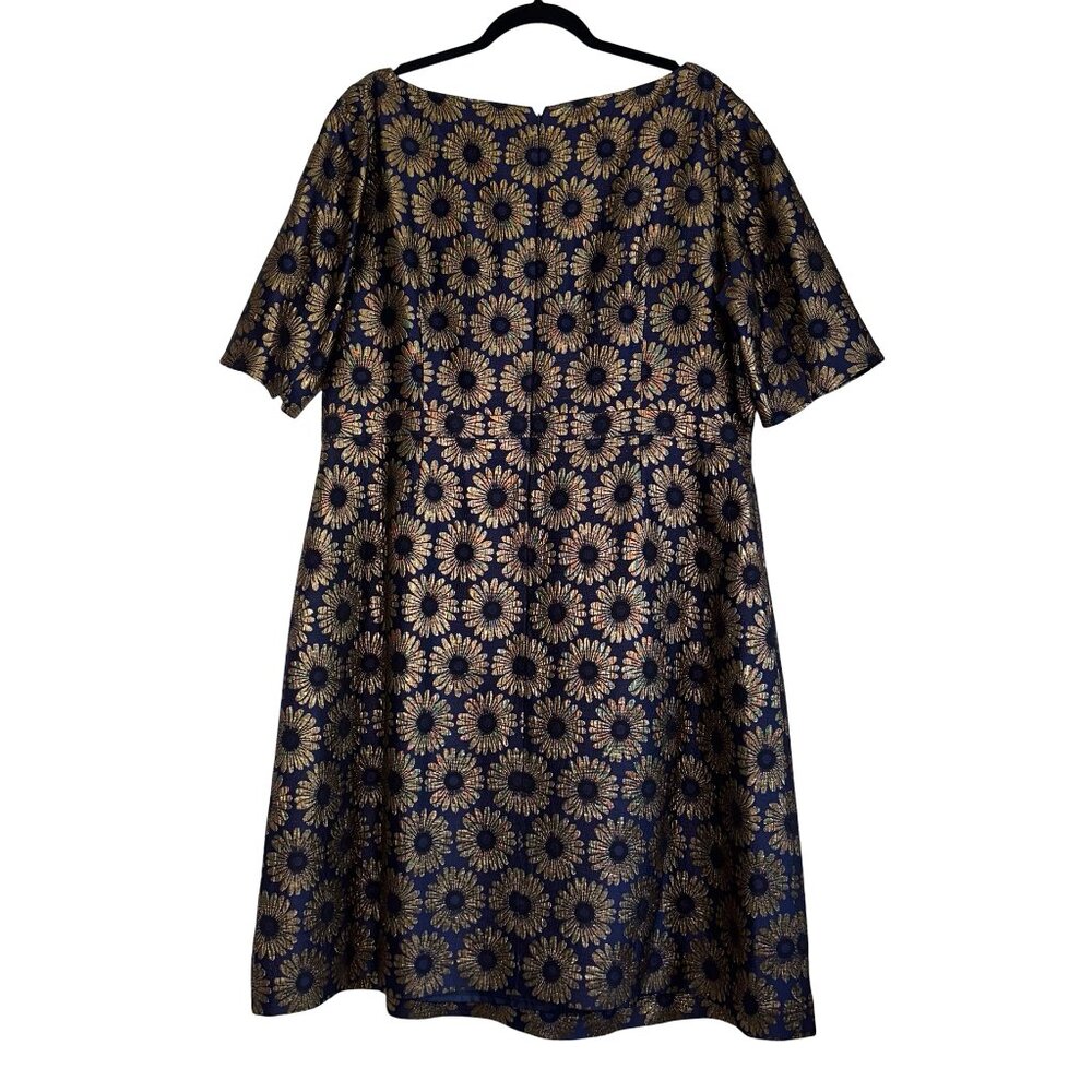 Boden Beatrice Navy Blue and Gold Floral Brocade Short Sleeve A Line Dress